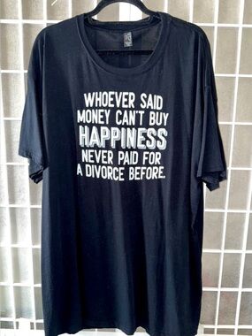 DIVORCE = HAPPINESS Unisex Black Tee Shirt with White Lettering by RTP, size 2X